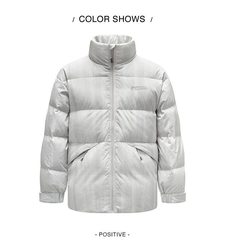 Down Jacket Men Textured Loose Fit Stand Collar Fashion Embroidered Coat Winter Outerwear