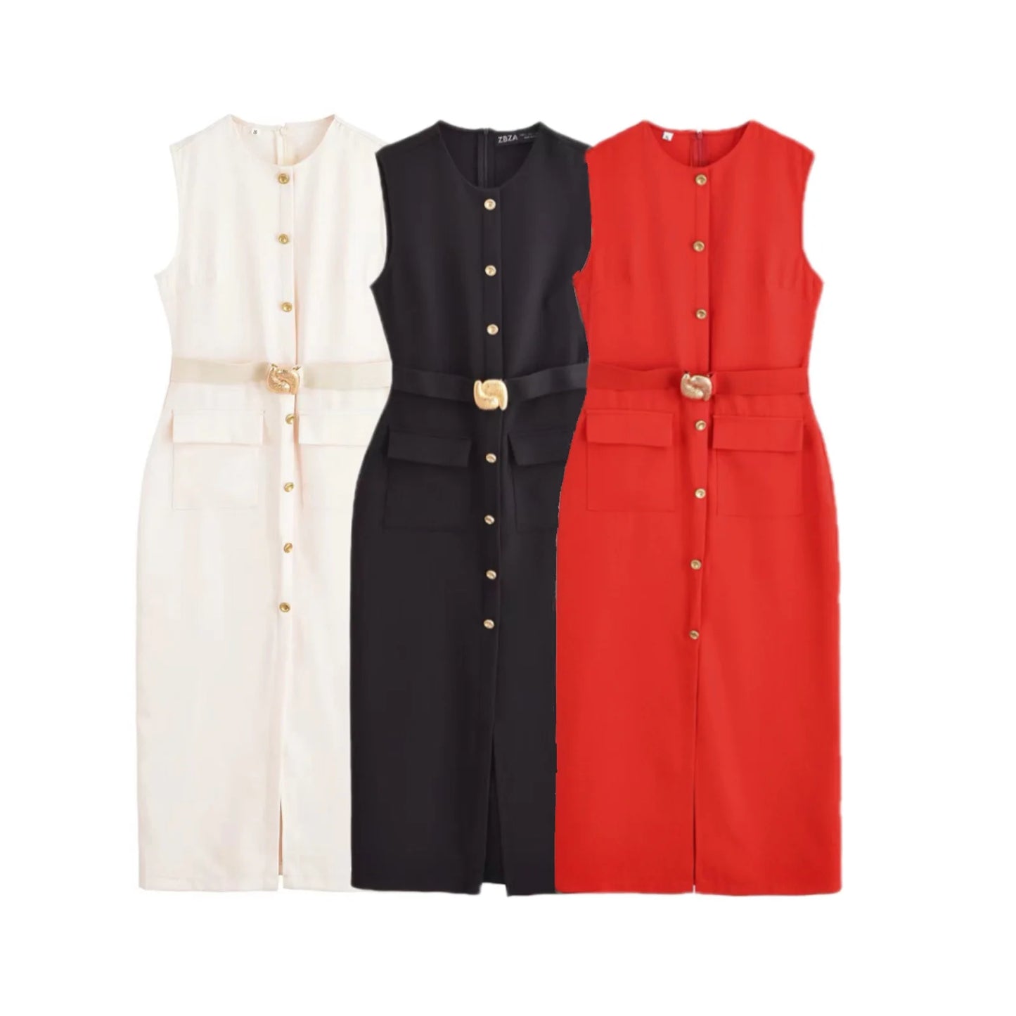 Women's Matching Belt Crepe Fabric Midi Dress