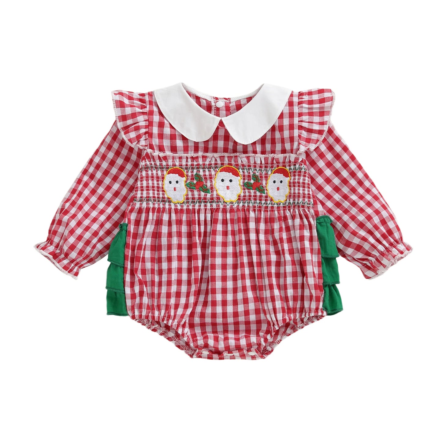 Baby Girls Christmas Romper - Plaid Santa Embroidery Long Sleeve Jumpsuit