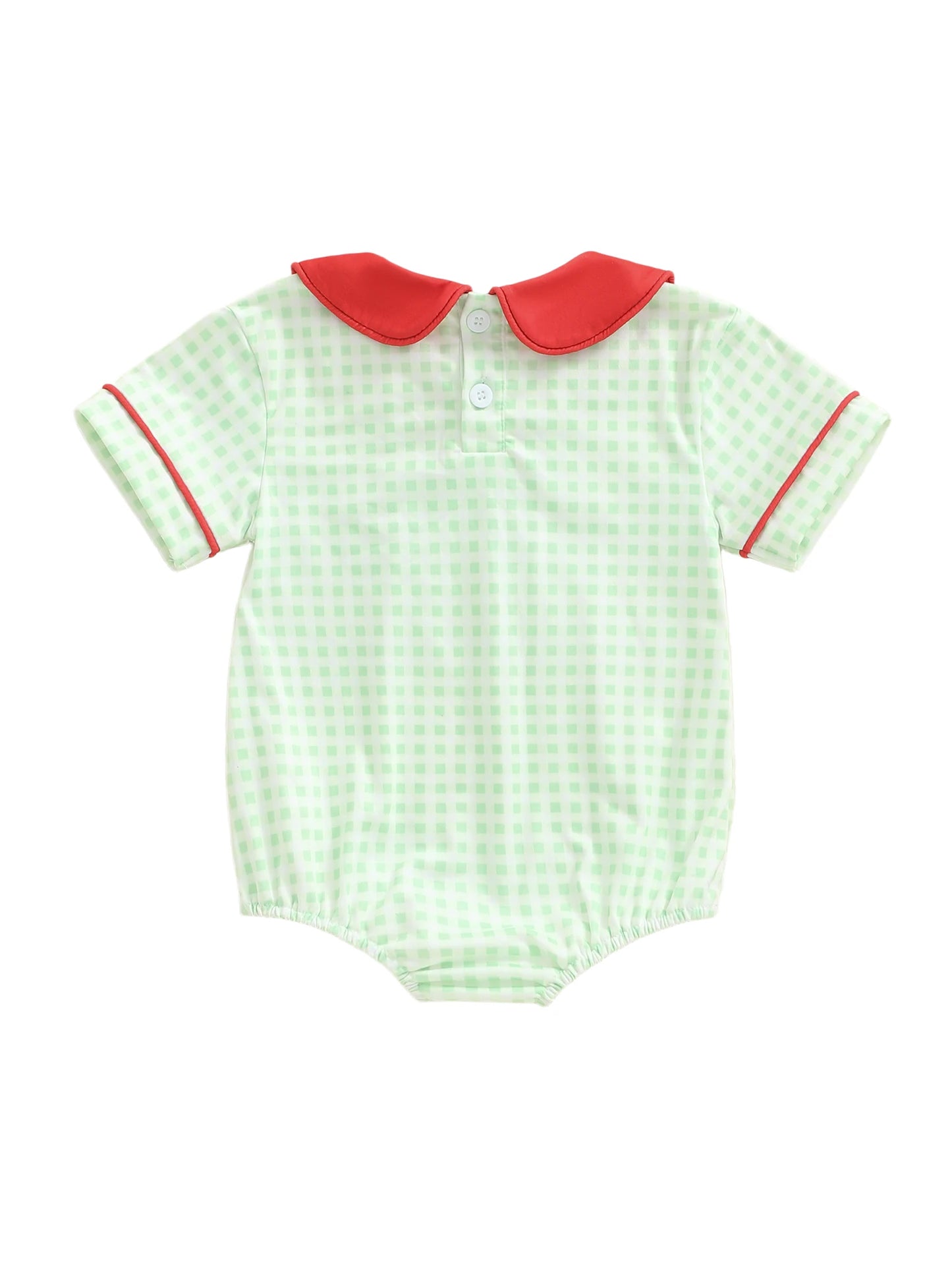 Baby Girls Plaid Romper - Wreath Embroidery Short Sleeve Doll Collar Bubble Jumpsuit