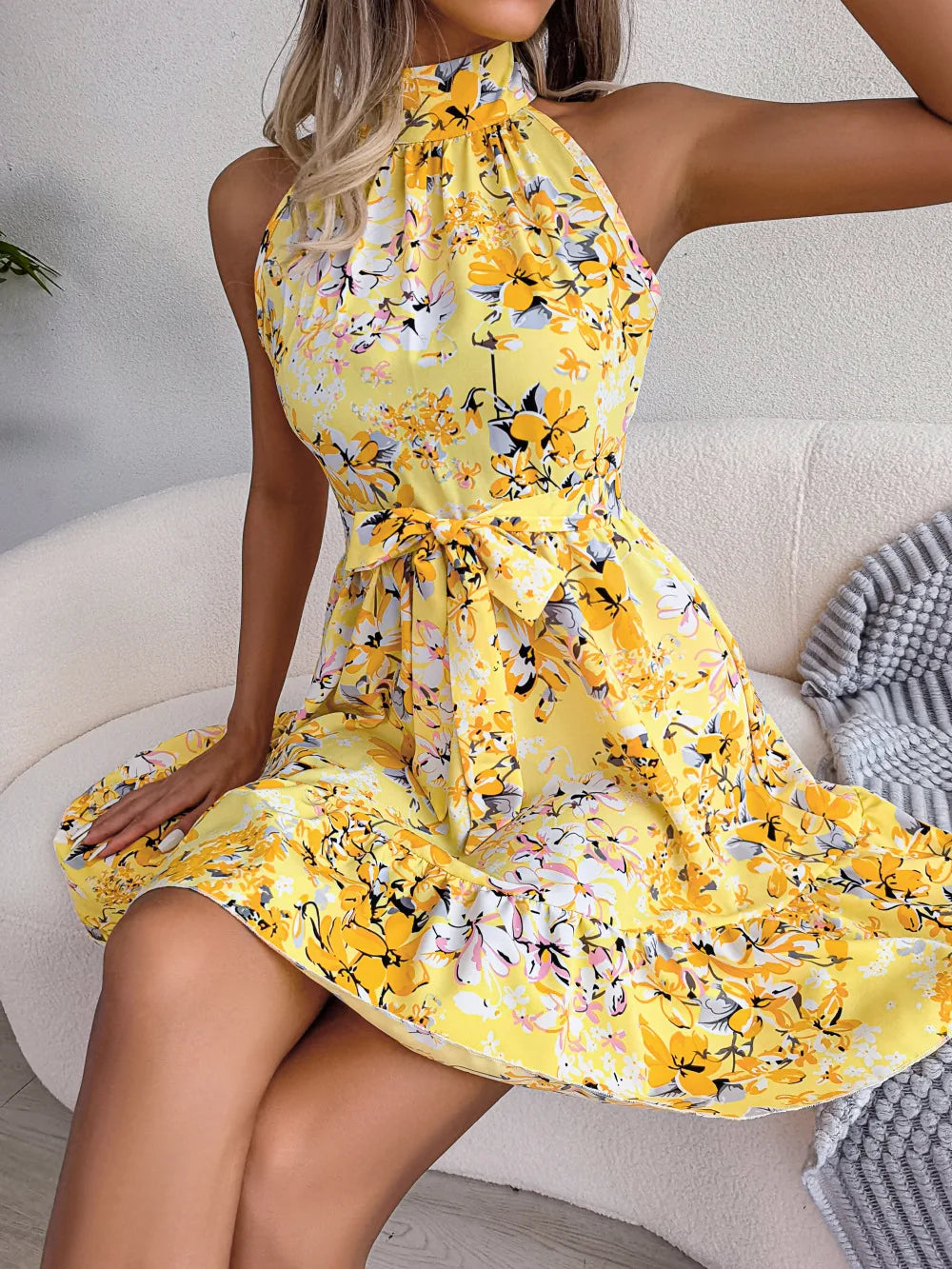 Women's Floral Halter Neck Sleeveless Lace Up Ruffled A Line Spring Summer Short Dress