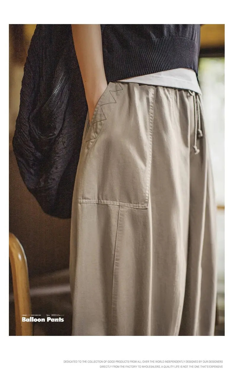 Women's Wide Leg Cargo Trousers - Khaki Elastic Waist Pocket Pants