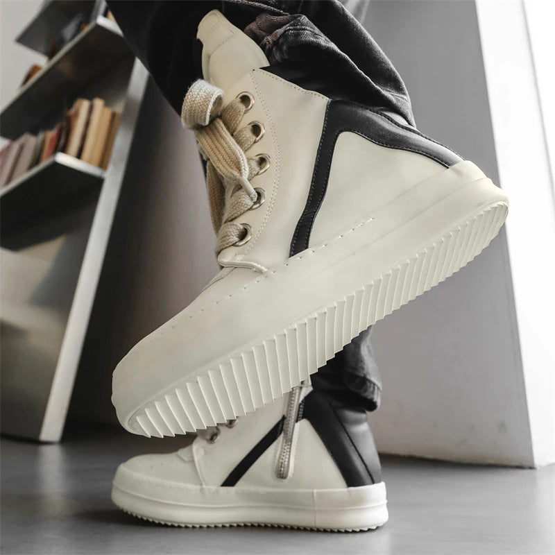 Unisex High-Top Leather Sneakers - Lace-Up Ankle Boots