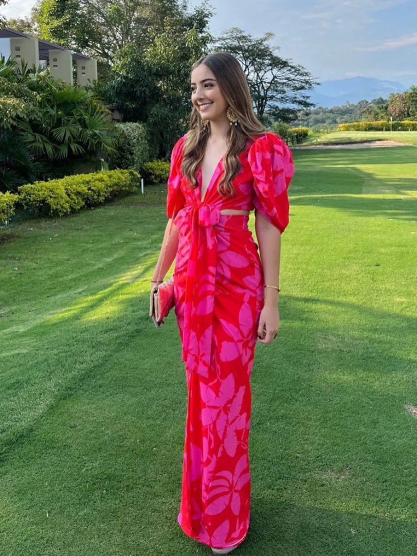 Women's V Neck Print Long Cut Out Elegant Short Sleeve Halter Maxi Summer Dress