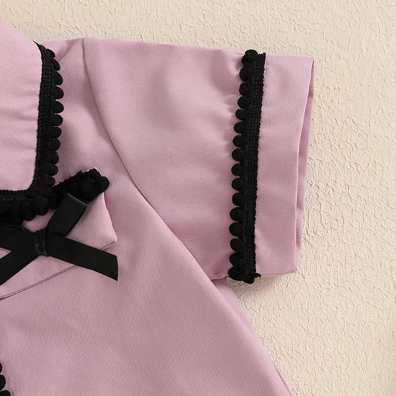 0-4Y Little Kids Girls Summer Clothes Sets Short Sleeve Single Breasted Bow T-Shirt and Pleated Skirt Set