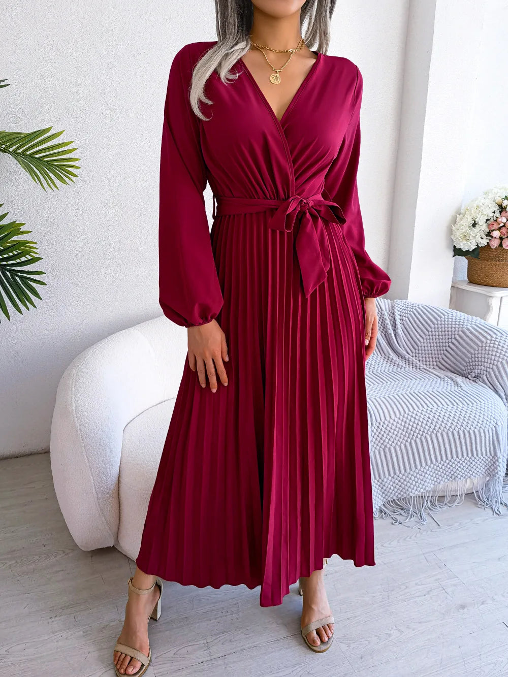 Women's Spring Summer Cross V Neck Large Hem Pleated Long Dress