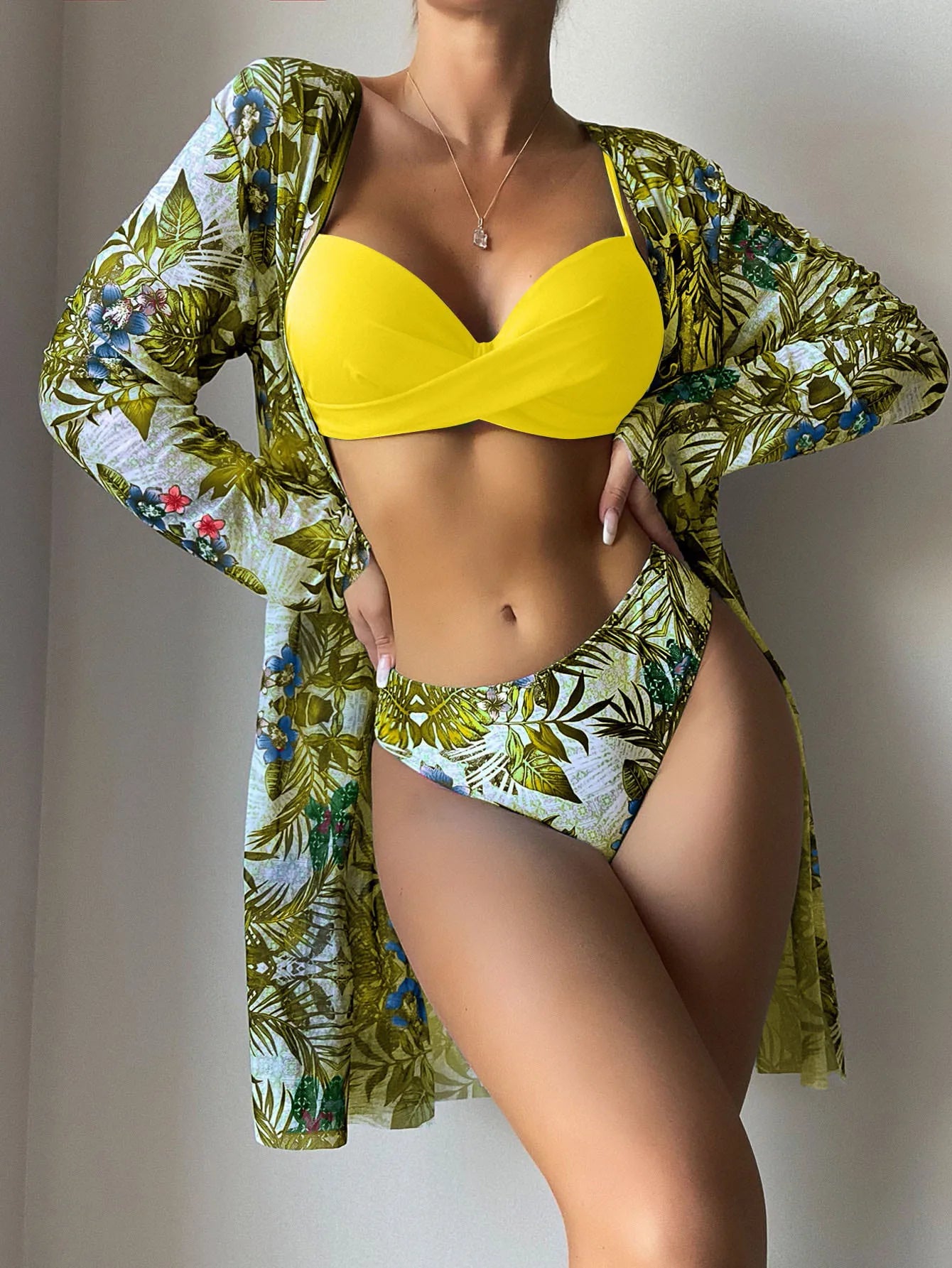 Women's Print Beach Cover Up And Bikini Set Swimwear Hollow Out Swimsuit High Waist Three Piece Beachwear