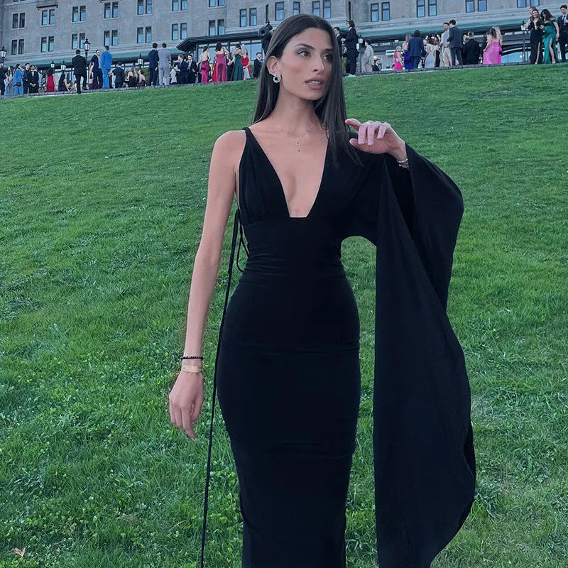 Women's Draped Deep V Backless Maxi One Shoulder Gown Slip Dress