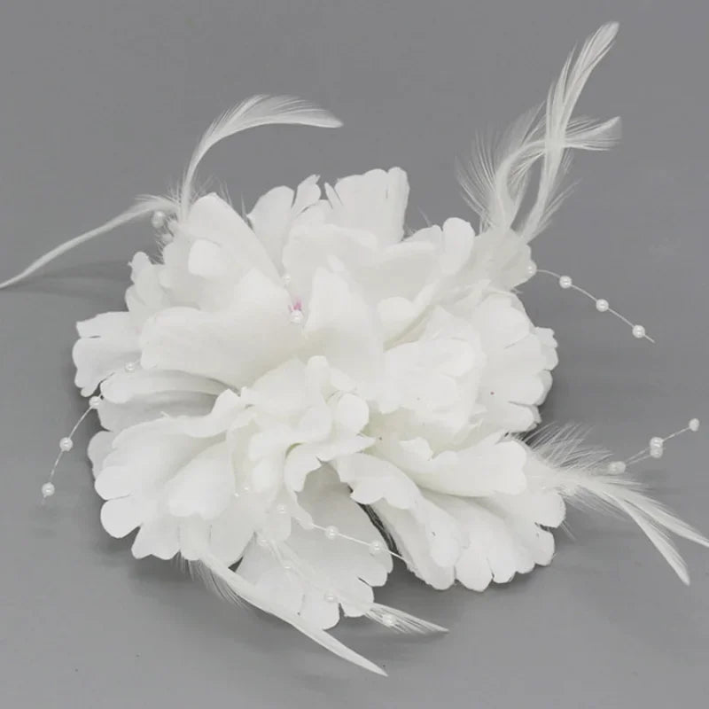 Handmade Fabric Flower Brooch - Pearl Feather Wedding Party Corsage