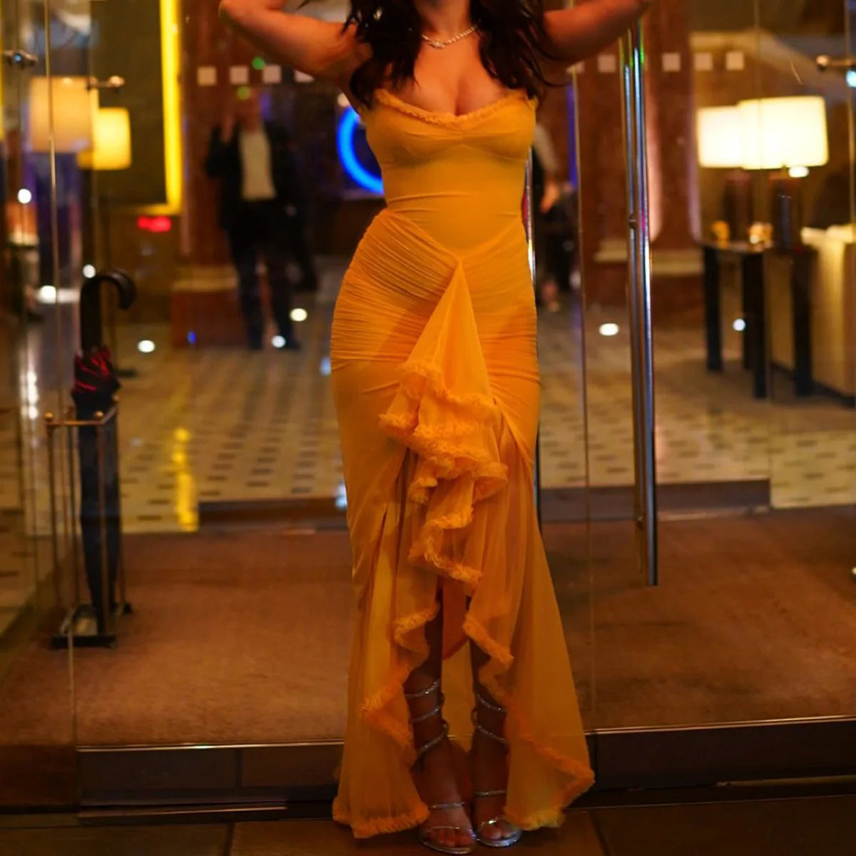 Women's Sheer Mesh Ruffled Front Gown Elegant Draped Prom Cocktail Maxi Dress Solid Fairy Ruched Slip Dress