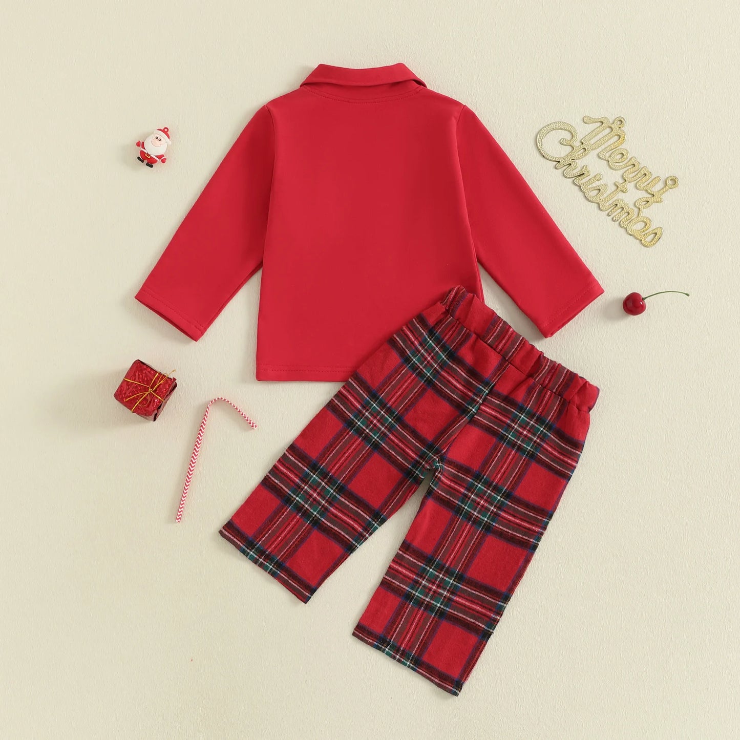 Toddler Kids Boy Christmas Clothes Set - Santa Embroidery Long Sleeve Lapel Pullover & Elastic Waist Plaid Pants