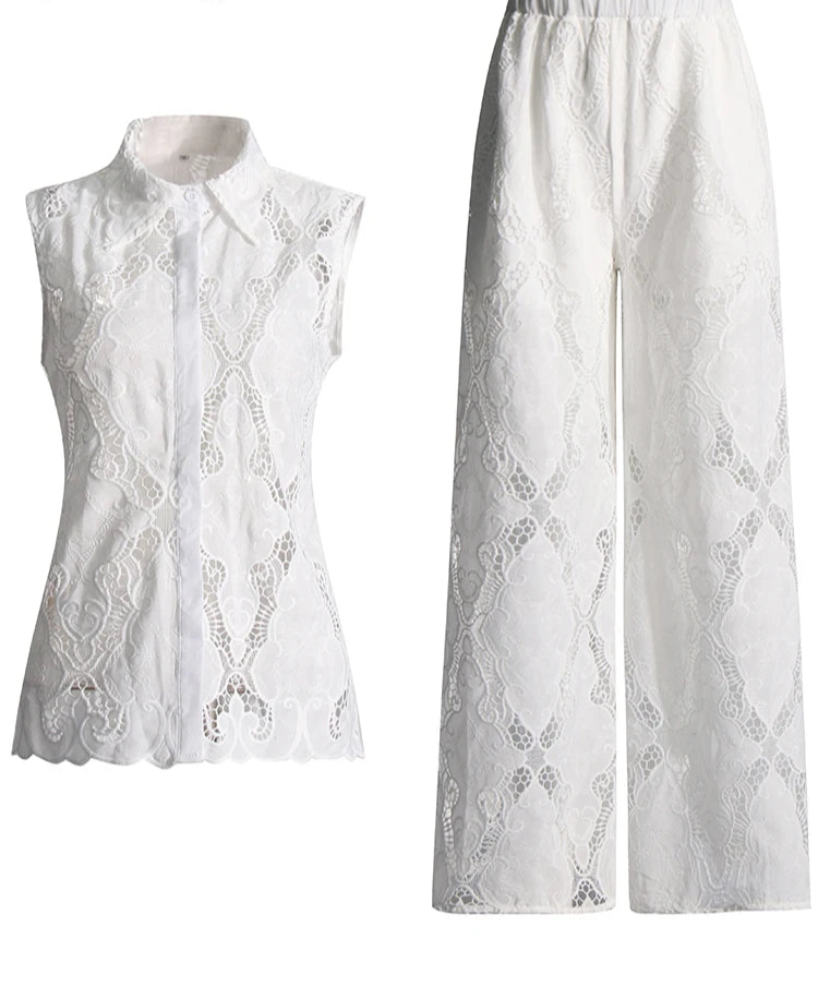 Women's Solid Hollow Out Two Piece Set - Stand Collar Sleeveless Top & Wide Leg Trousers