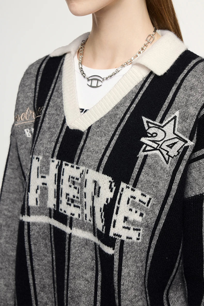 Unisex Vertical Stripe Cozy Retro Sporty Loose Colorblock Knit Pullover Top Sweater