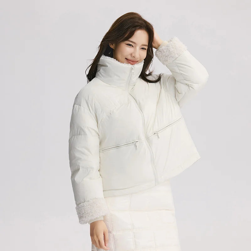 Down Jacket Women Loose Solid Color Winter Patchwork Imitation Lamb Wool Stand-Up Collar Textured