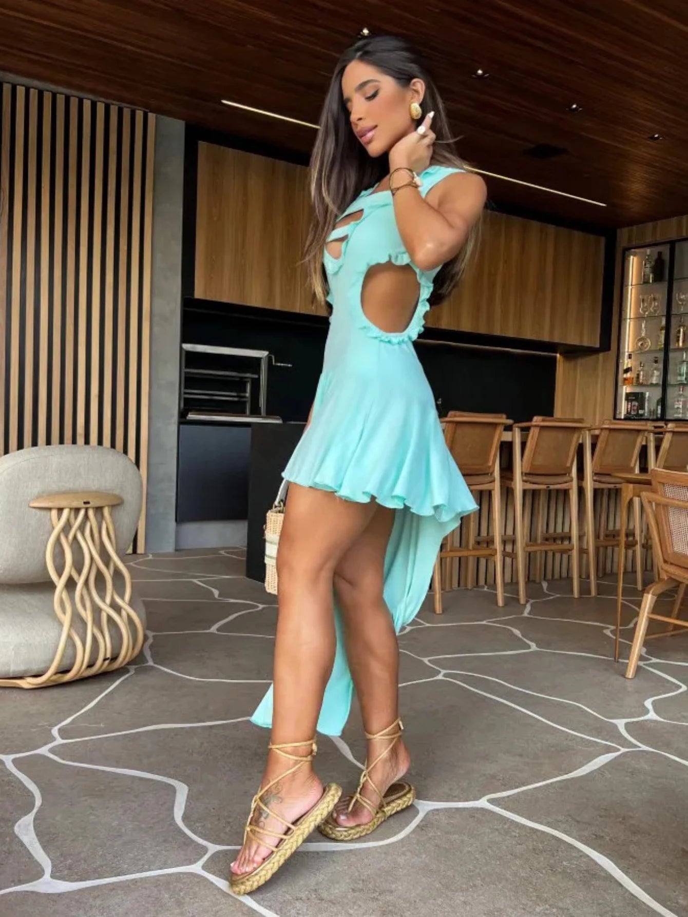 Women's Flounced Edge Round-neck Sleeveless Naked Waist Irregular Swing Long Dress