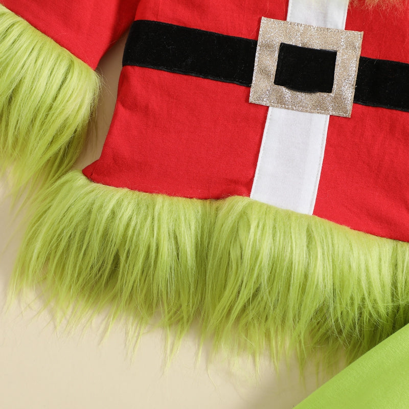Kids Christmas Outfit Set - Furry Plush Patchwork Top & Elastic Waist Pants