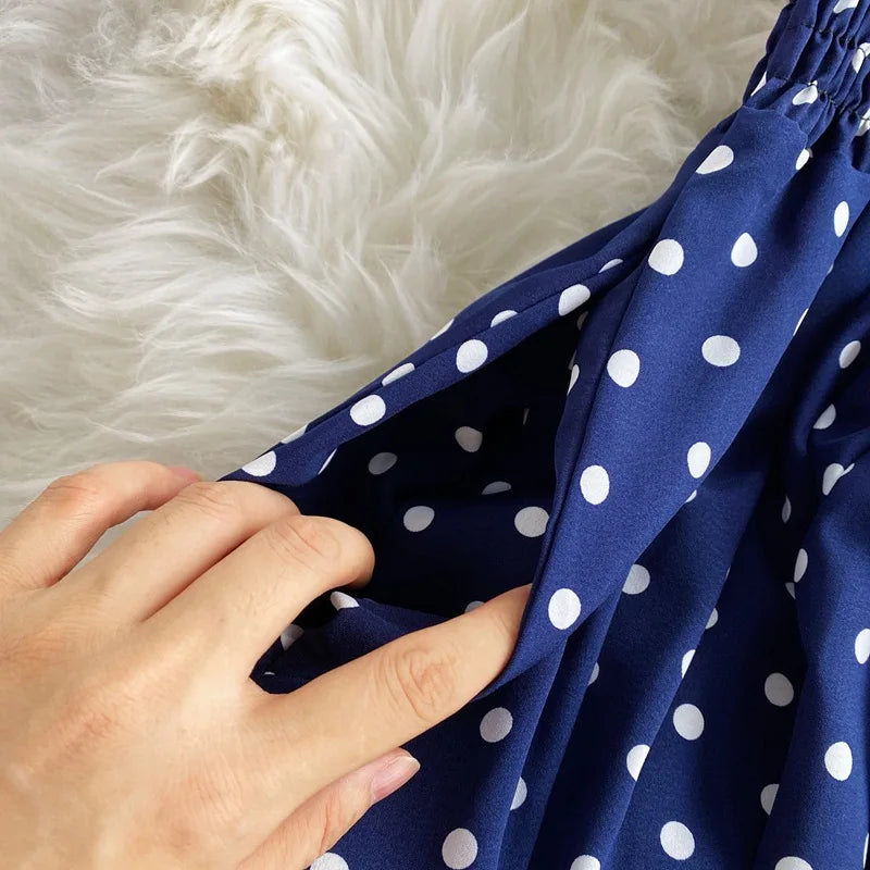 Women's V-Neck Polka Dot Jumpsuit - Wide Leg Trousers with Dolman Sleeves