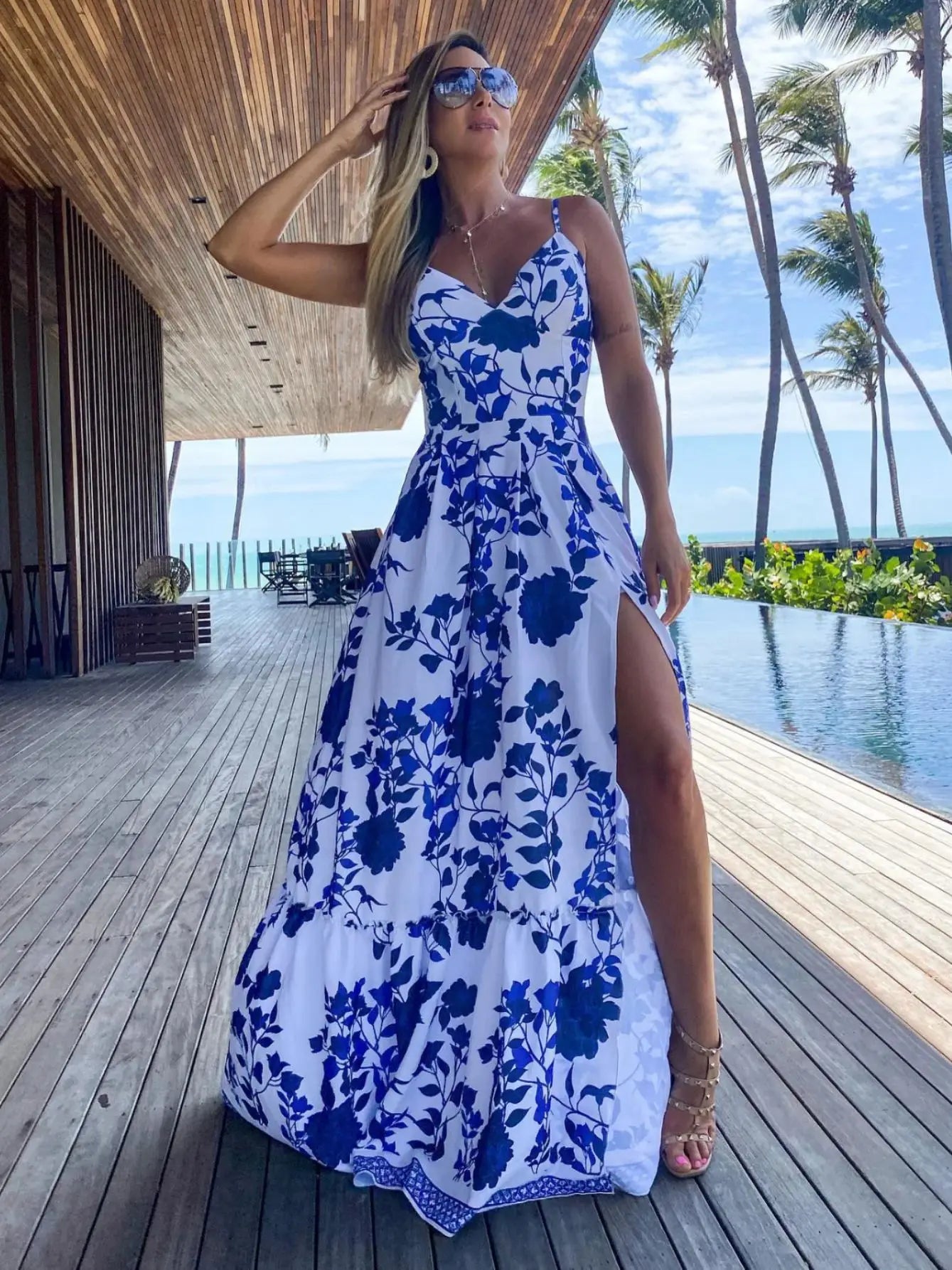 Women's Summer Print Long Lace Up Sling Party Pattern Straps Hollow Out V-Neck Beach Dress