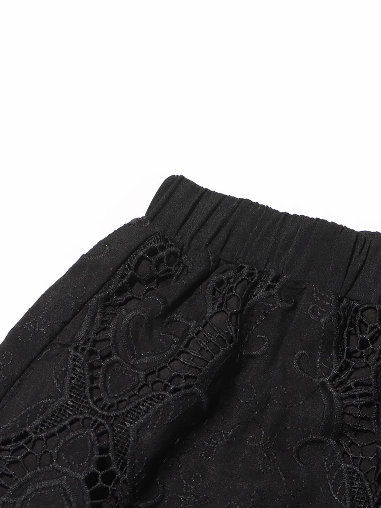 Women's Solid Hollow Out Two Piece Set - Stand Collar Sleeveless Top & Wide Leg Trousers