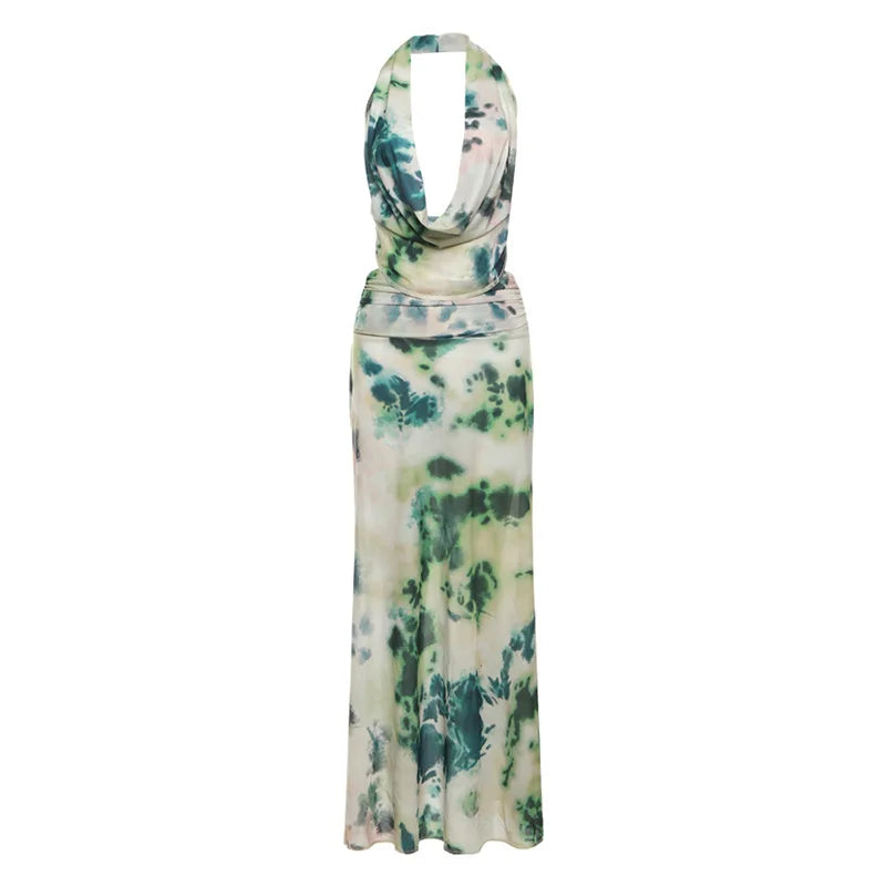 Women's Print Turtleneck Sleeveless Halter Backless Hollow Out Maxi Summer Beach Dress