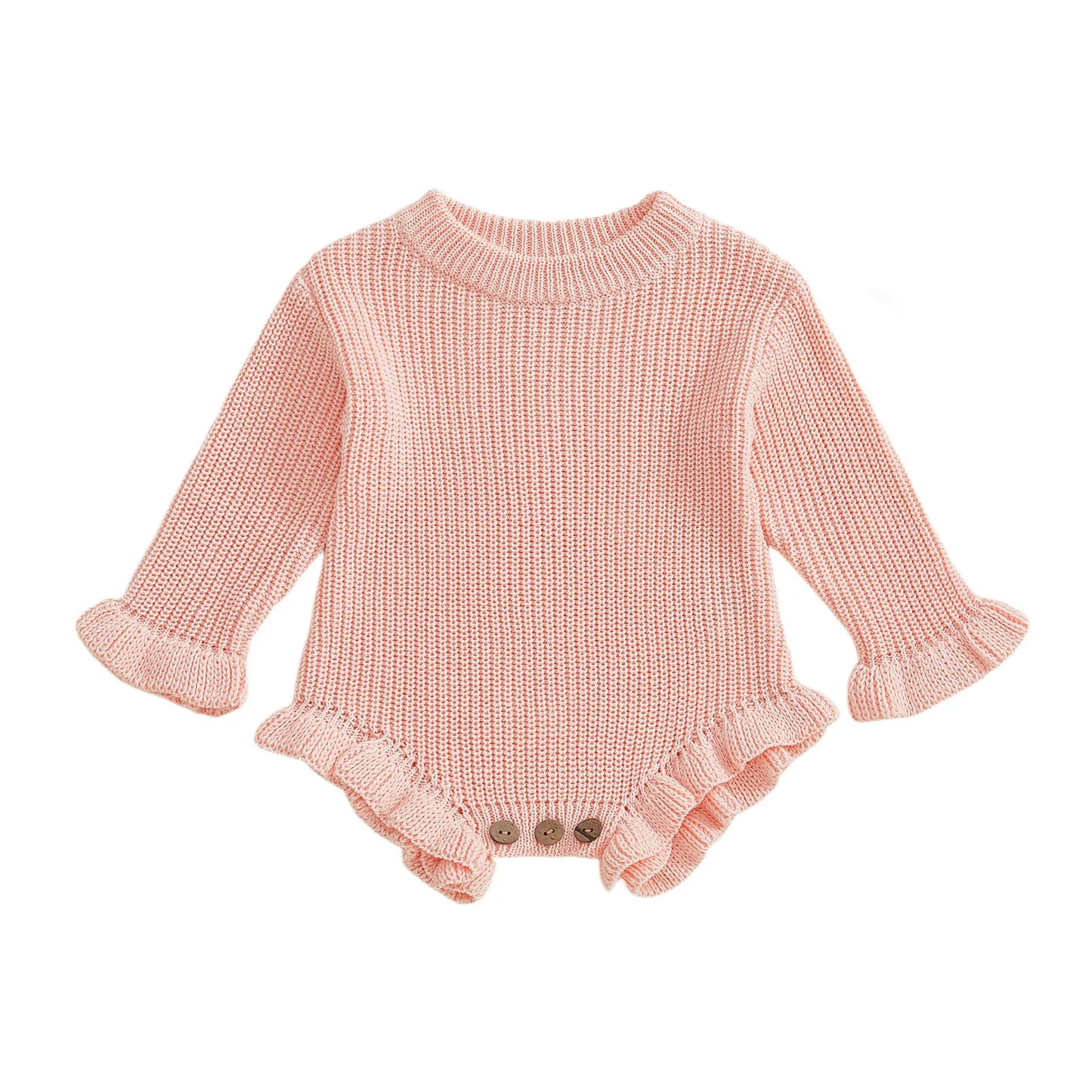 Newborn Baby Knit Romper - Long Sleeve Round Neck Ruffled Sweater Jumpsuit