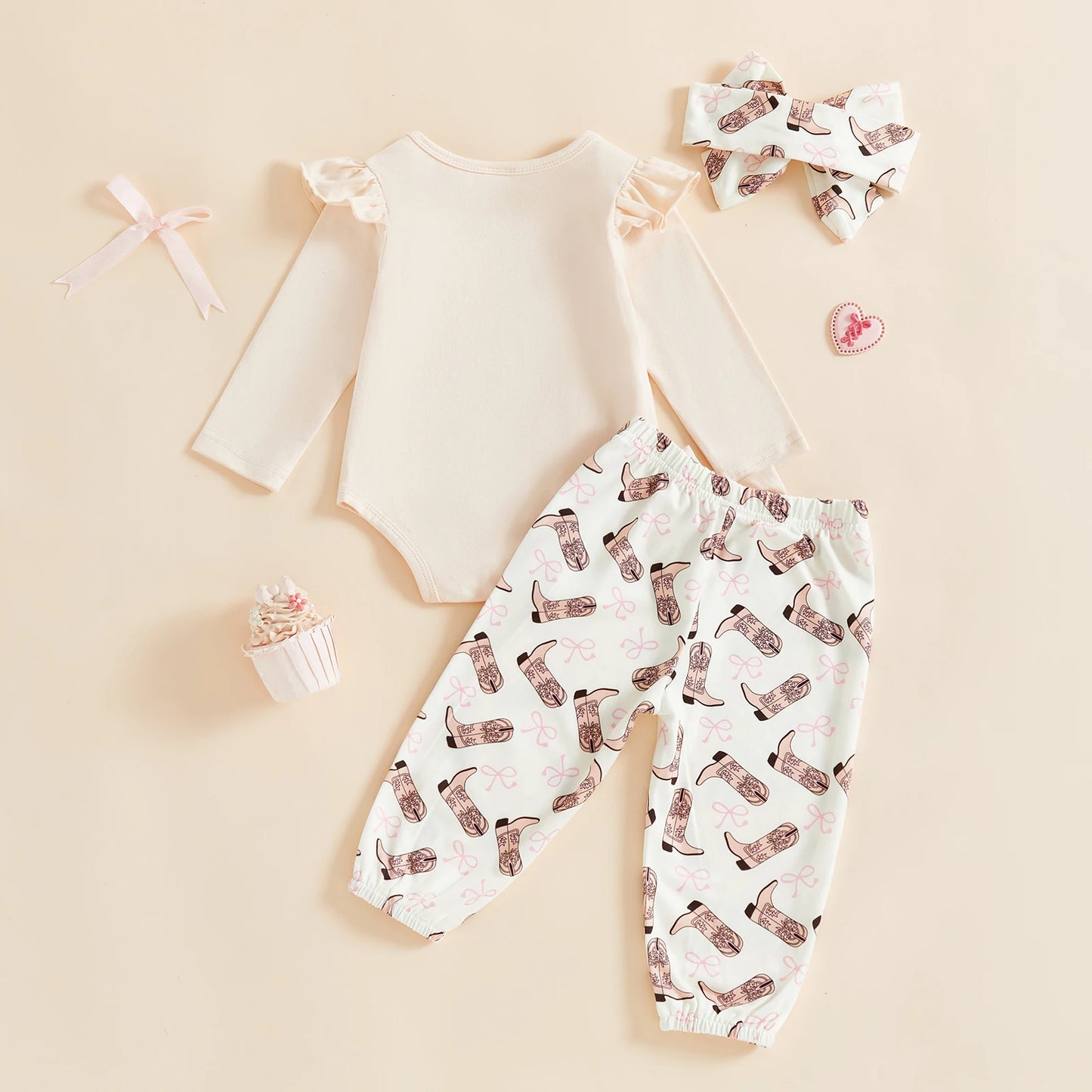 Baby Girls Western Outfit Set - 3-Piece Jumpsuit, Headband & Pants