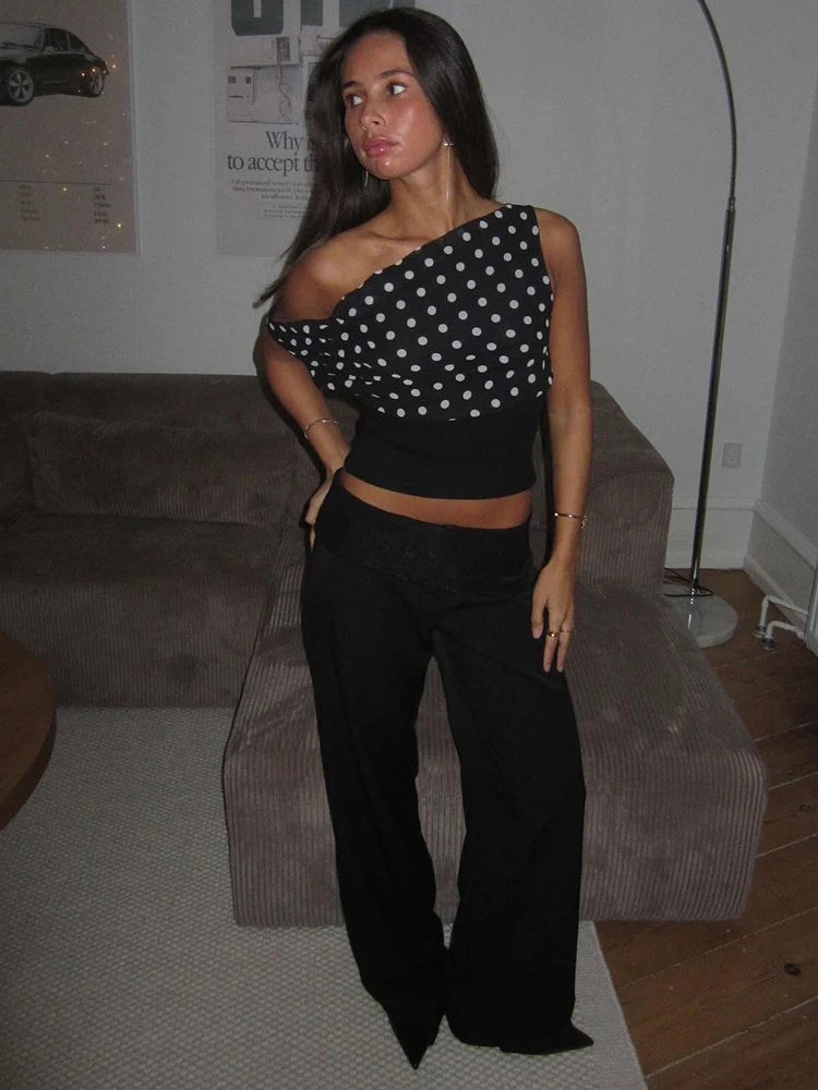 Women's Backless Polka Dot Crop Top Summer New Oblique Shoulder Sleeveless Tank Top