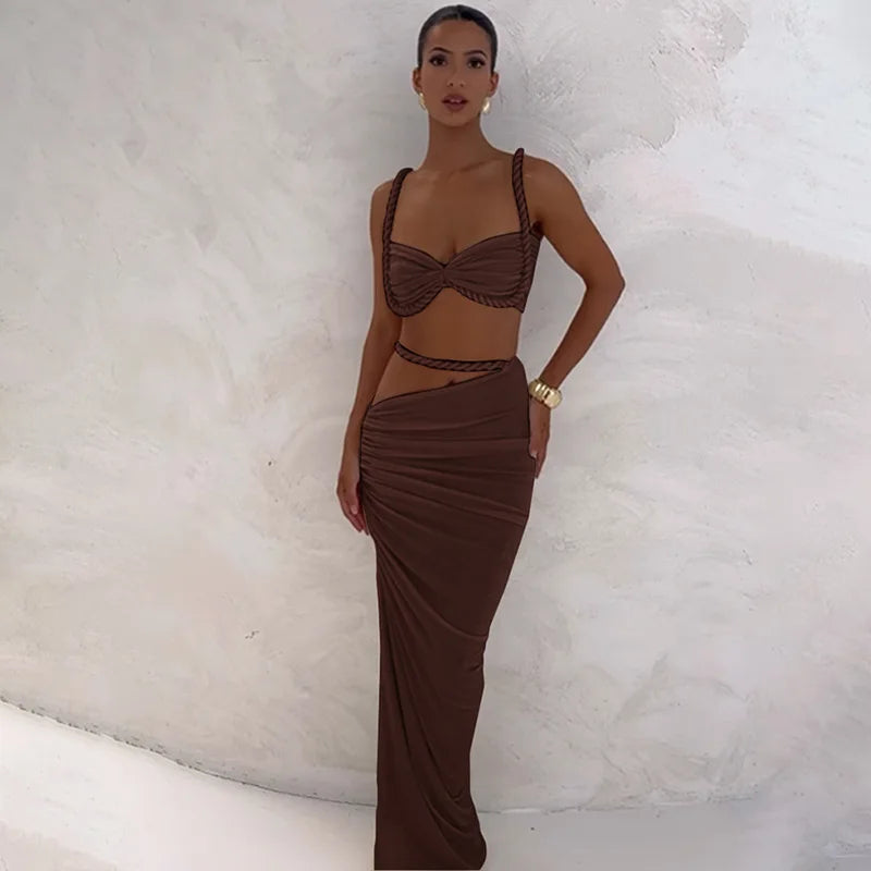 Women's Ruched Bandage 2 Piece Set Backless Decorative Cord Top and Skirt Dress Set