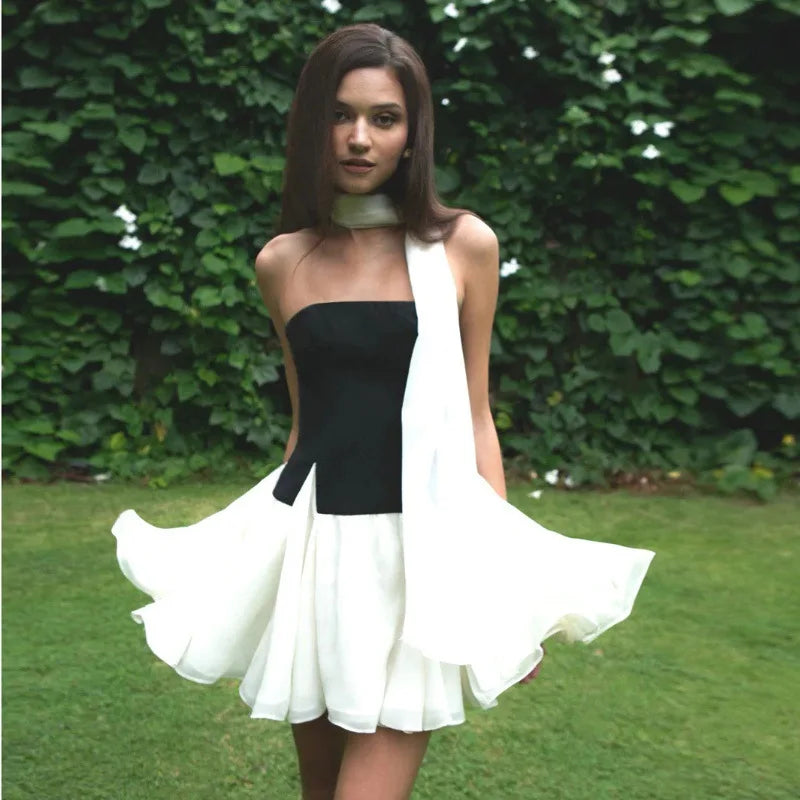 Women's Strapless 2 Piece Set - Crop Top Mini Skirt with Neck Scarf Co-ords