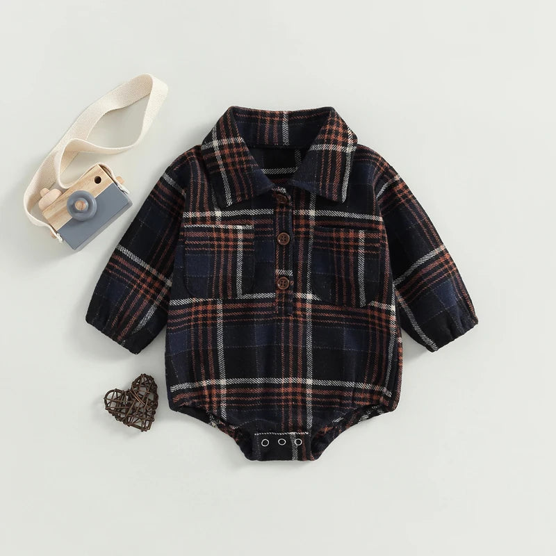 0-24M Infant Baby Boys Gentlemen Romper - Long Sleeve Turn Down Collar Plaid Printed Jumpsuit