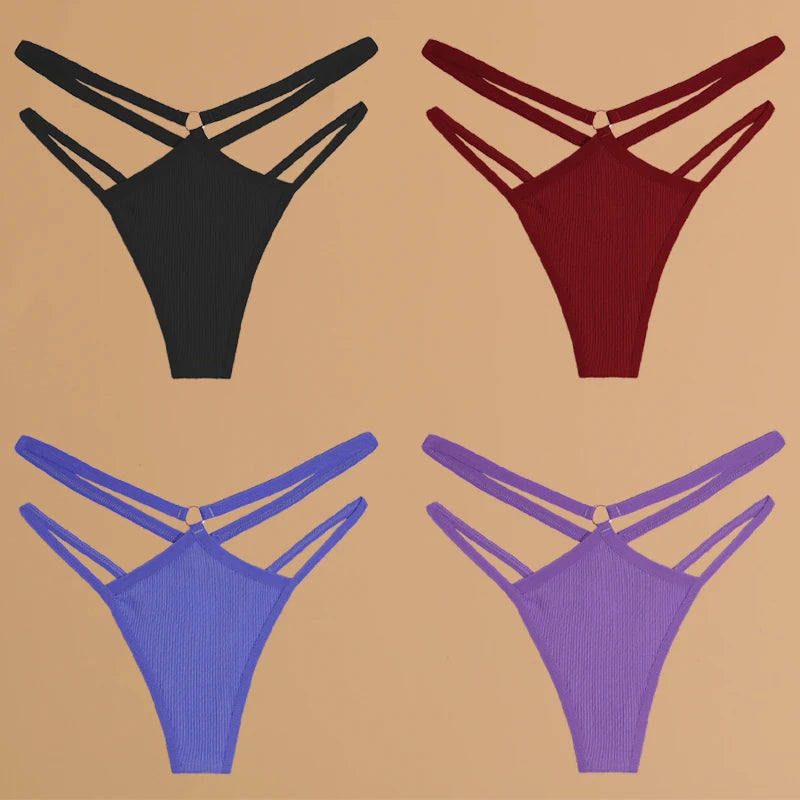 4-Pack Cotton Striped Thongs - Women's Low-Rise Breathable Underwear Set