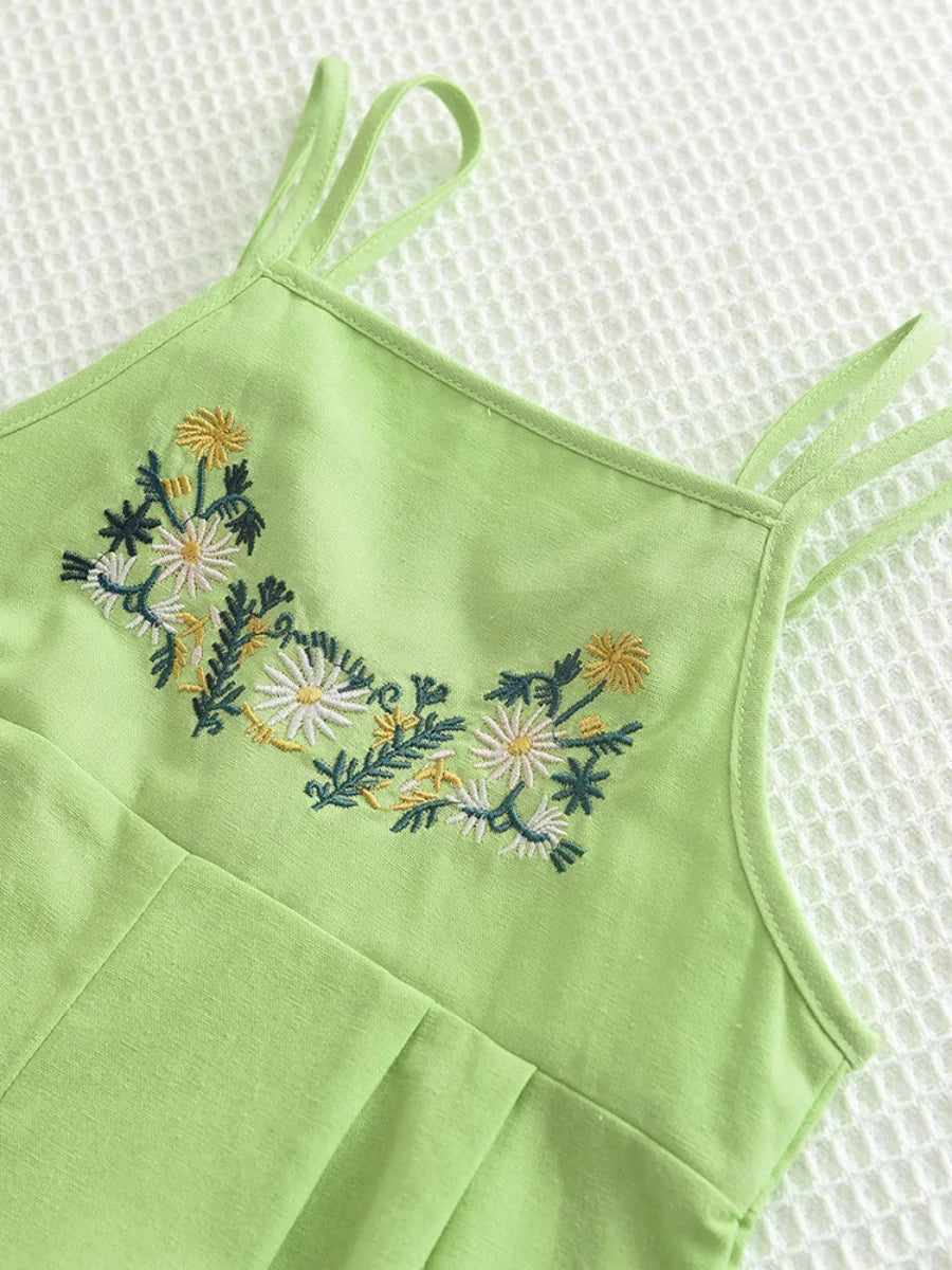 Girls Summer Overalls - Embroidered Flower Sling Cotton Pants