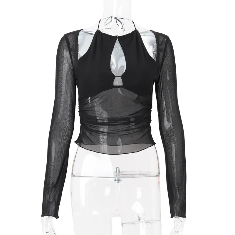Women's Mesh See Through Long Sleeve Top - Asymmetrical Halter Style
