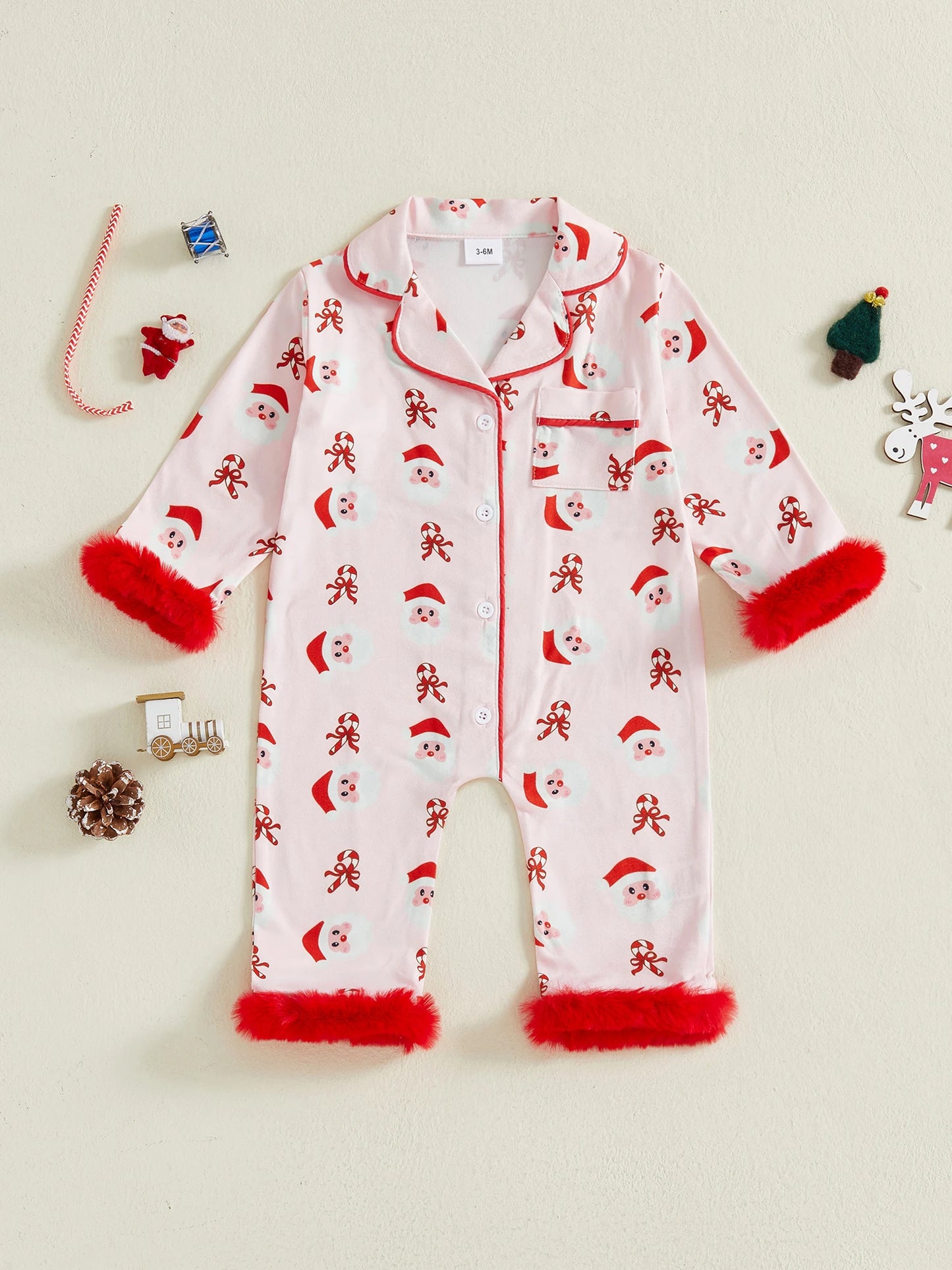 Lovely Baby Girls Christmas Pajama Jumpsuit - Santa Claus & Candy Cane Print (0-24M)
