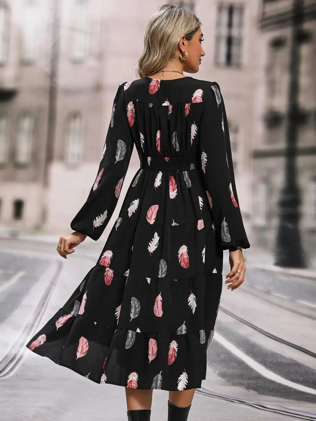 Women's Autumn Winter Casual Print Single Breasted Short Sleeve V Neck High Waist Dress