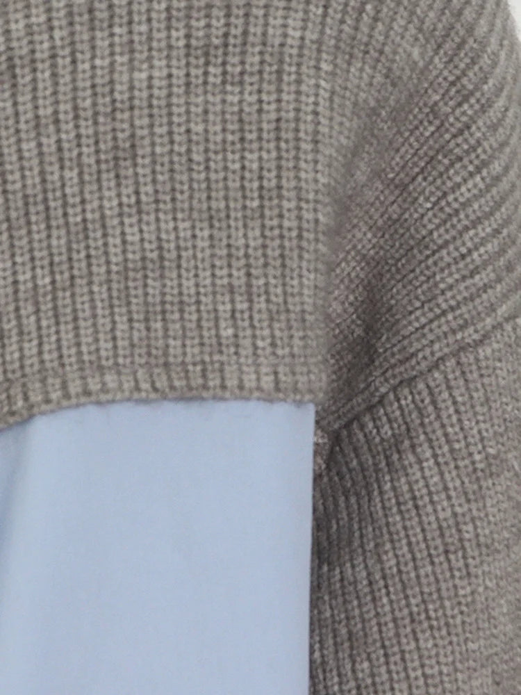 Women's Patchwork V Neck Long Sleeve Loose Straight Knitting Pullover Sweater Shirt Dress