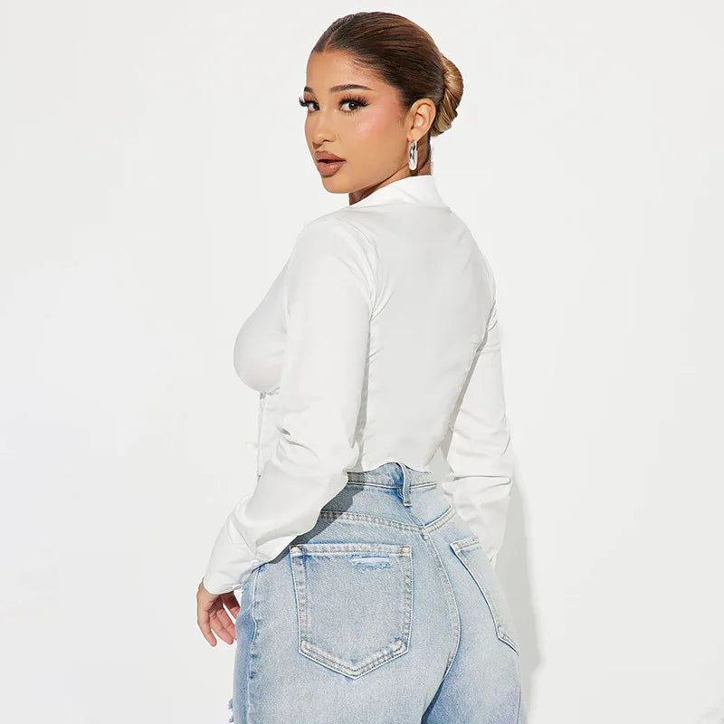 Women's Lace Up White Tie Front Top Shirt Blouse Long Sleeve Cropped Top