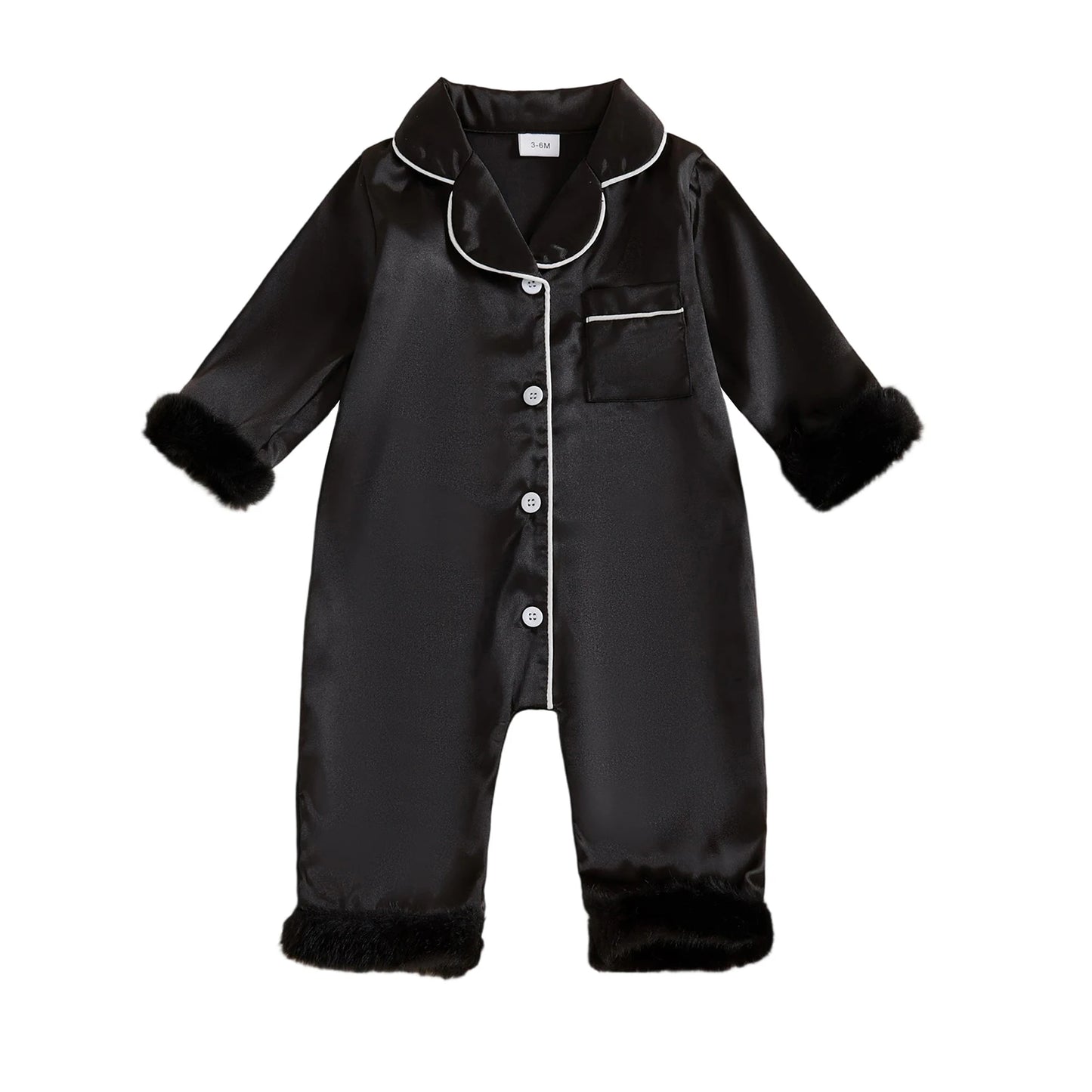Baby Satin Pajama Romper - Fur Trim Button Down with Lapel