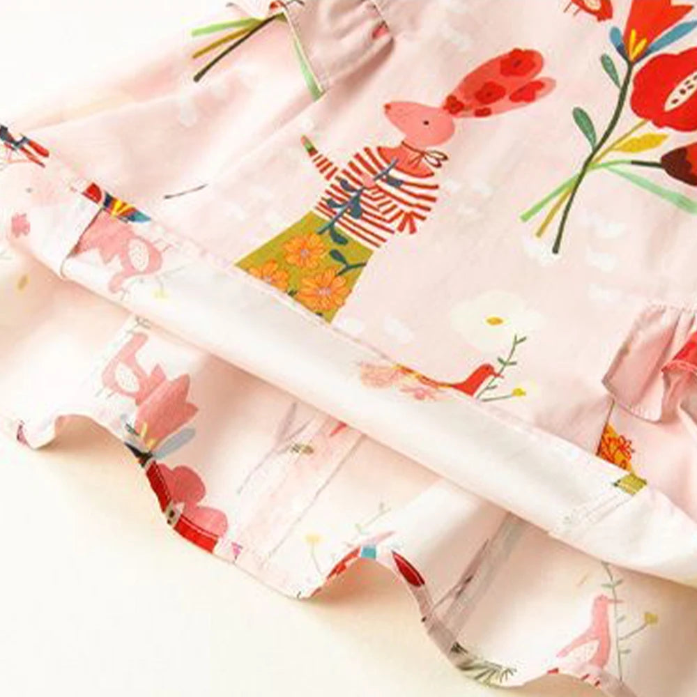Girls' Round Neck Flying Sleeve Flower Print Dress