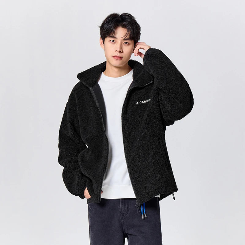 Men's Loose Fit Fleece Jacket - Plush Embroidered Stand Collar Winter Coat