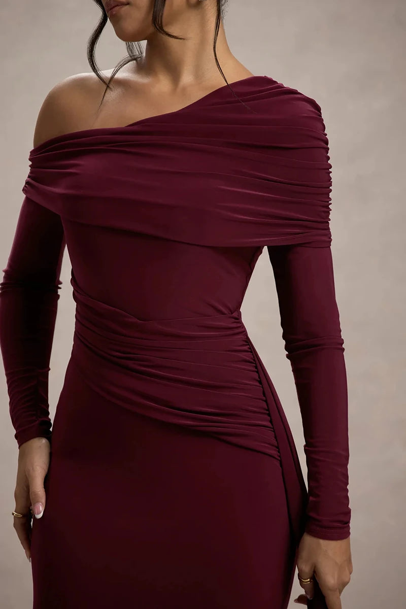Women's Skew Collar Long Sleeve Maxi Backless Draped Ruched Bodycon Long Dress