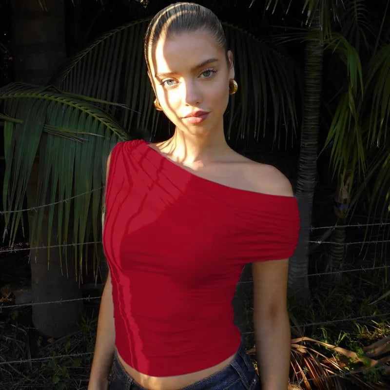 Women's Ruched Asymmetrical Tops Casual Outfits Solid Cropped Top Basic Summer T-shirt