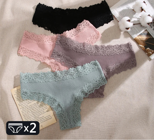 2PCS Women's Cotton Underwear - Lace Floral Low Rise Comfortable Lingerie