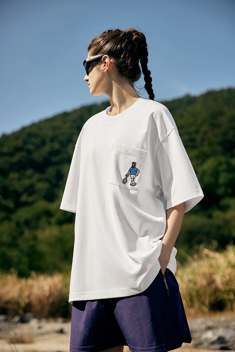Unisex Sports Embroidered Pocket Tech Fabric Cool Touch Quick-Dry Short Sleeve T-Shirt