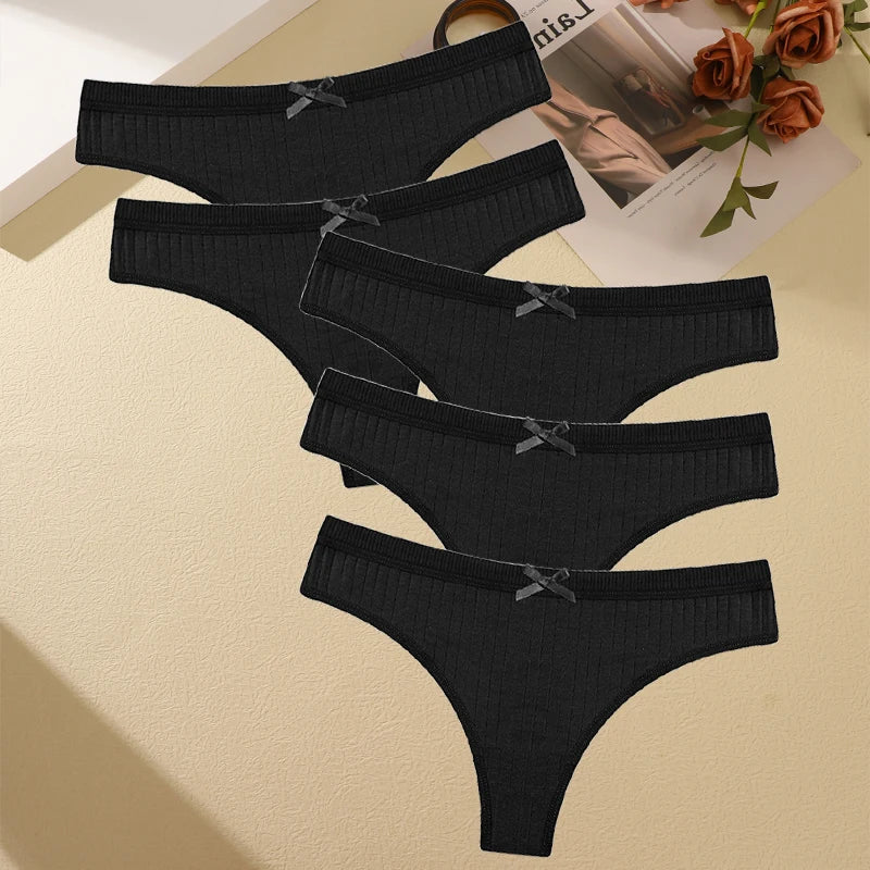 Women's Cotton Bow Tie Underwear 5-Pack - Ribbed Striped Low Waist Thongs