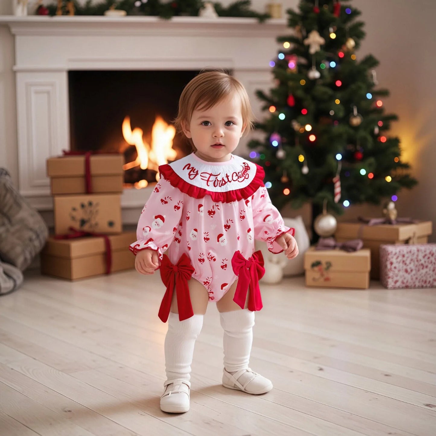Baby Girls Christmas Letter Embroidered Romper with Bow (0-18M)