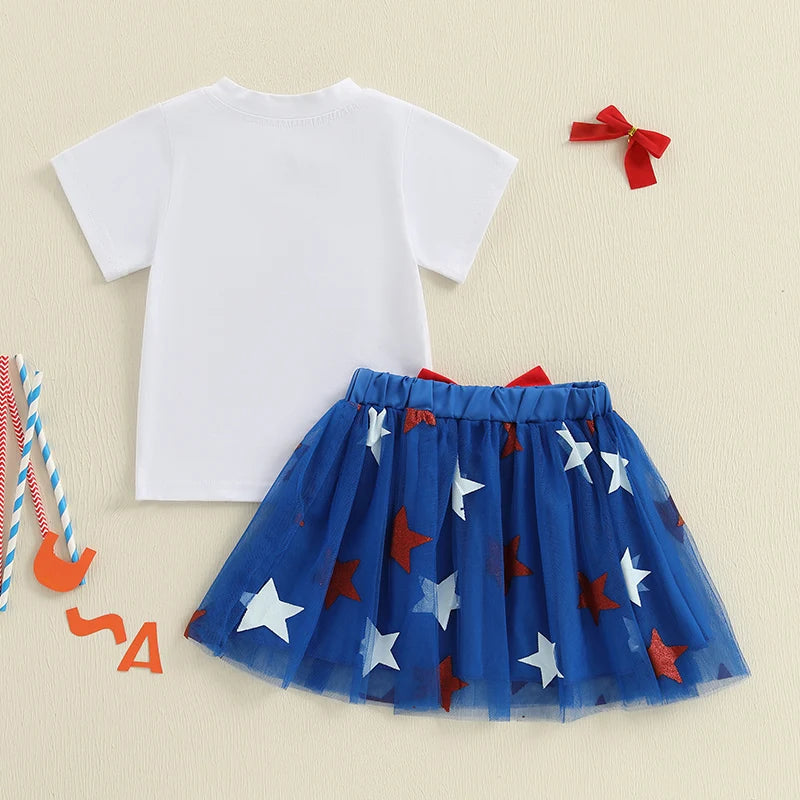0-4Y Summer Kids Girls USA Clothes Set Short Sleeve Letter Bow Embroidery T Shirts Star Tulle Skirt