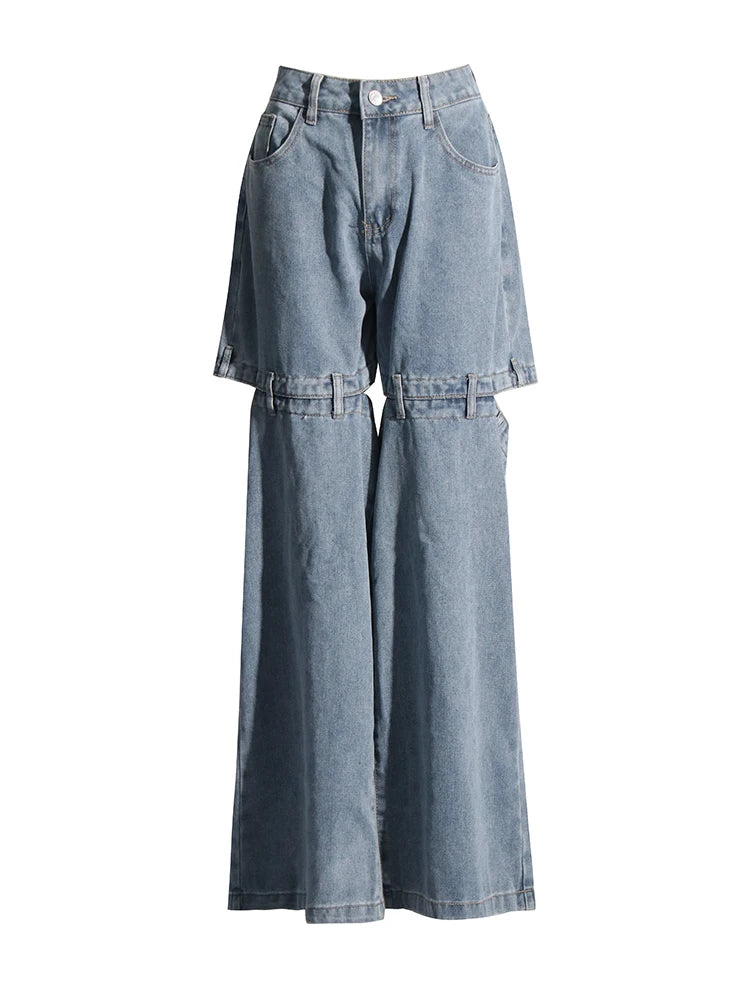 Women's Chic Spliced Zipper High Waist Patchwork Pockets Cut Out Casual Jeans
