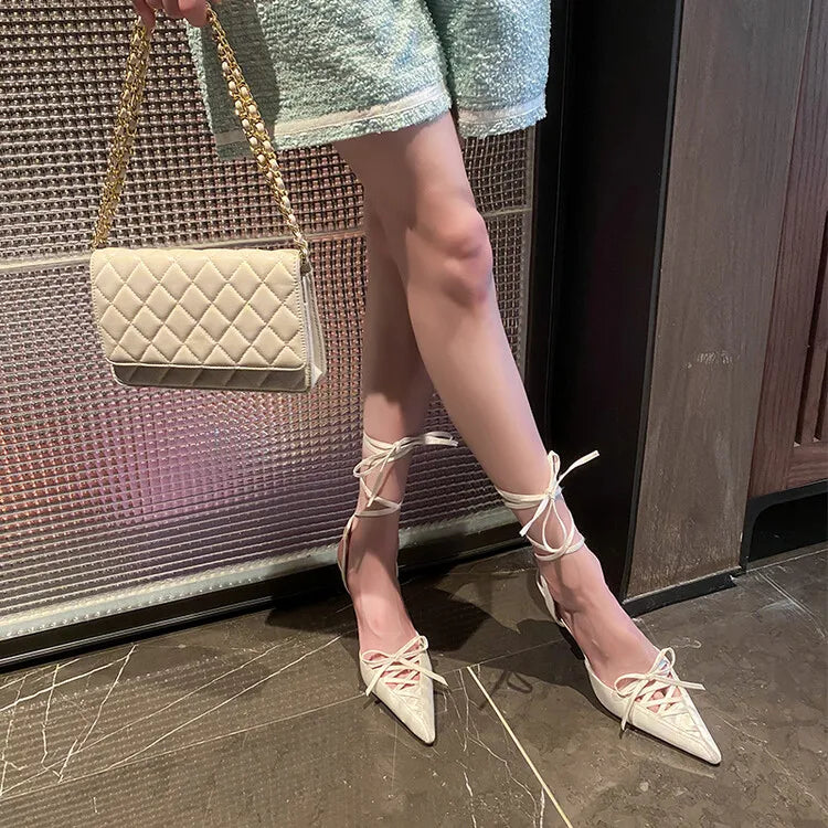 Women's Satin High Heel Sandals Strap 7cm Heel Sandals Bow Pointed Shoes