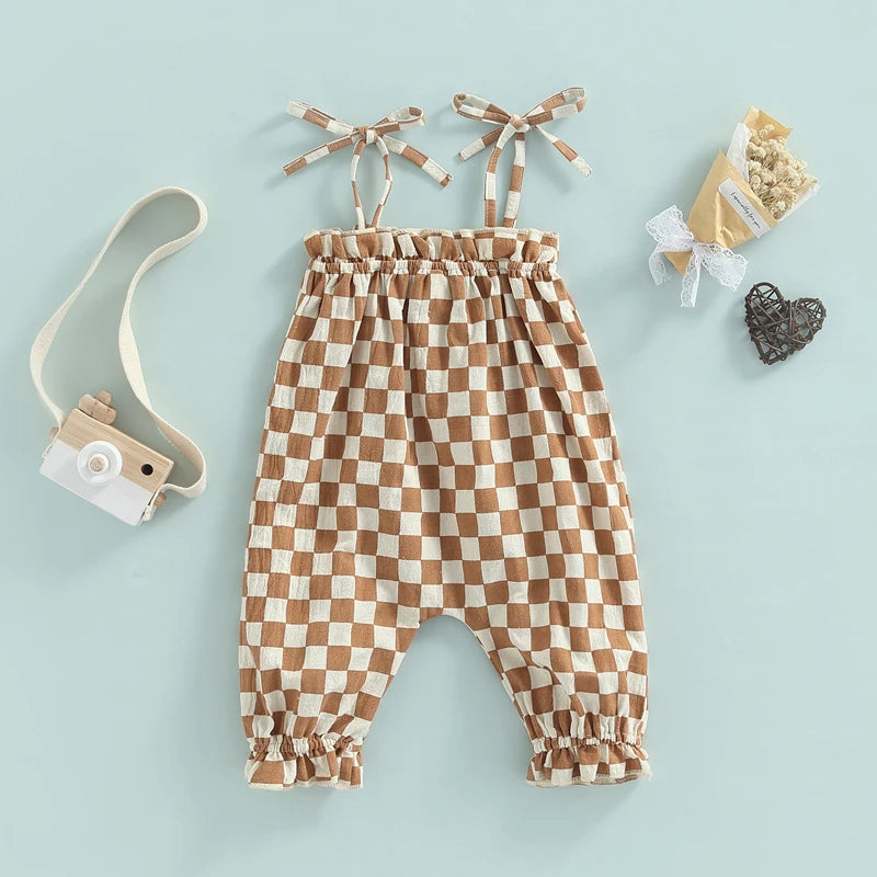 Summer Baby Girls Sweet Romper Clothing 0-24M Strap Sleeveless Lace Up Plaid Printed Jumpsuit